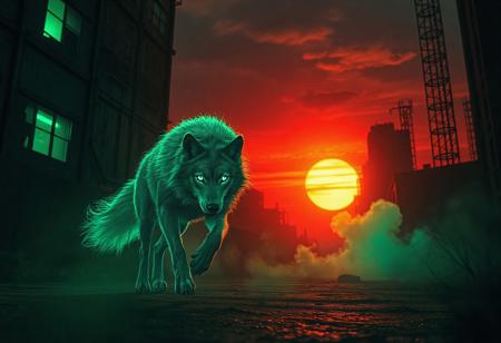 a green luminescent scene, in the foreground, a ghost wolf, hyper detailed, running, glowing smoke trail, glowing orange red, smoke like, dim, blue detailed eyes, glowing smoke, in a luminescent World, rad dramatic sunset, apocalyptic city, broken walls on tall buildings, rusty, dry, neon green glowing fog from windows, blue glowing smoke ultra detailed, dimm unreal dark night, luminescent fantasy. enpowering the contrast of the low angle shot,. shallow depth of field, ultra realistic render, 8k, uhd, hdr, sfw