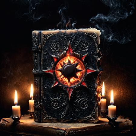 ancient   book, Necronomicon, made of human skin, strange diabolical language, strange occult symbols, human blood,  on dark Altair, (black candles:1.4), intricate details, ultra realistic, highly detailed, sharp, focused, chiaroscuro, eerie, spooky, mystical, ornated, dark atmosphere,  lightrays, volumetric lighting,  ral-dissolve,  <lora:xl_more_art-full_v1:1>,  <lora:ral-dissolve-sdxl:1>