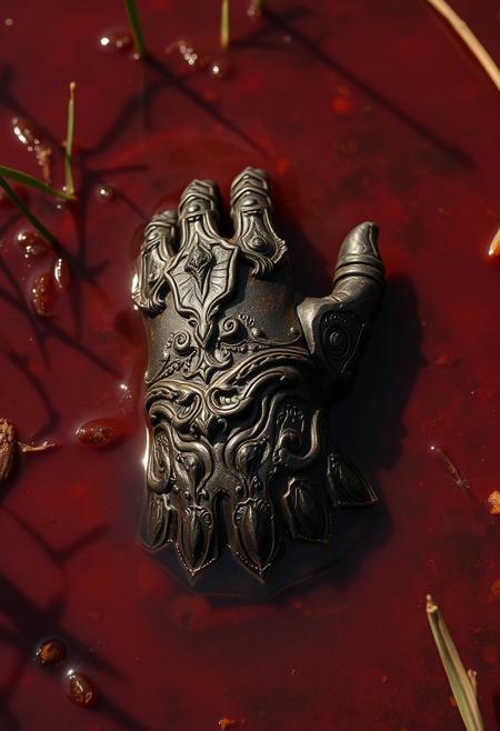 (masterpiece), best quality, expressive eyes, perfect face
The gauntlet lies half-submerged in the shallow pond, its once-proud contours dulled by time and corrosion. Crafted from interlocking plates of dark steel, the design is unmistakably ornate—filigree patterns etched along the knuckles and wrist, now barely visible beneath a crust of rust and mineral buildup. The fingers are curled slightly inward, as if grasping at something long lost.
The pond’s reddish liquid—tinged with iron and organic decay—has eaten away at the metal, leaving jagged edges and pitted surfaces. Where the gauntlet once gleamed, it now wears a mottled patina of coppery reds, sickly oranges, and deep brown scars. Tiny bubbles rise from beneath it, hinting at slow chemical reactions still at work.
Around the gauntlet, reeds sway gently, and a faint shimmer of oil floats on the water’s surface, casting distorted reflections. It looks less like a piece of armor now and more like a relic—an artifact of forgotten conflict, surrendered to nature’s quiet reclamation.