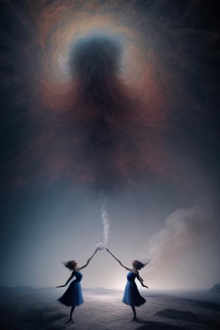 surreal, waltz of fractal smoke over the abyss, fantasy smoke, dresses and stars, dynamics, movement, wind, colorful, intricate details, perspective, hyper-detailed, hyper-realism, professional photoshoot