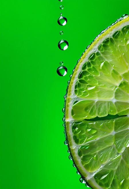 Stunning close-up photograph of a vibrant lime slice, showcasing the beauty of the fruit's green flesh and the allure of its glistening water droplets. The image captures the essence of the lime in breathtaking detail, highlighting its refreshing and organic nature. The photograph is a work of art in itself, with a rich green color palette and a stunning display of liquid textures that create a sense of movement and energy. This photorealistic image invites viewers to appreciate the simple beauty of the lime and the artistry of macro photography.
