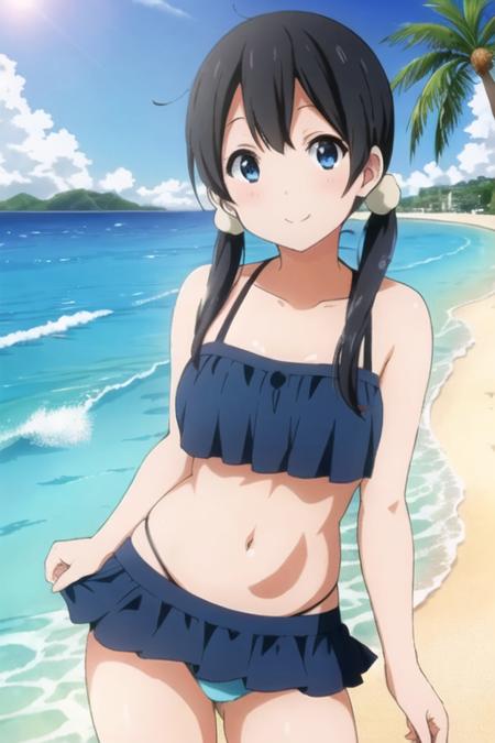 high quality, masterpiece, beautiful, 1girl, (kitashirakawa_tamako), twintail,  black hair,  blue eyes,  (beach),  (bikini), leaning forward, blue_sky, outdoor, looking at viewer, smile, <lora:kitashirakawa_tamako_v3-000005:0.5>