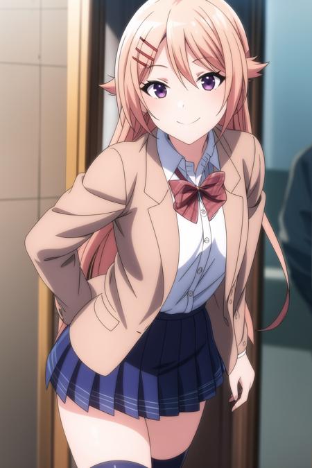 1girl, eyebrows visible through hair, blonde hair, hair ornament, hairclip, long hair, looking at viewer, violet eyes, smile, solo, blue skirt, cardigan, plaid, plaid skirt, pleated skirt, school uniform, skirt, striped, striped legwear, thighhighs, zettai ryouiki, shion_kujo, <lora:add_detail:0.7>