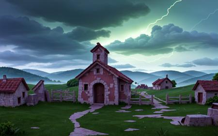 extremely detailed, 8k, wallpaper, wonderfull landscape, ruined village atmosphere, dark ambiance, high details, volumetric light, thunder sky,