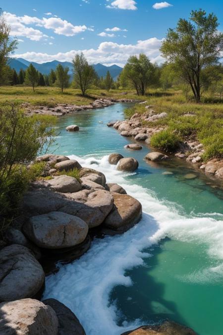 RAW photo,Mongolia, delicate nature, wild nature, picturesque scenery, pristine vegetation, calm sky, majestic landscape, enchanting atmosphere, icy river, crystal water, sunlight illuminates the icy water, photorealistic, masterpiece, 64k, UHD, ultra detailed, vivid colors, high quality, sharp focus