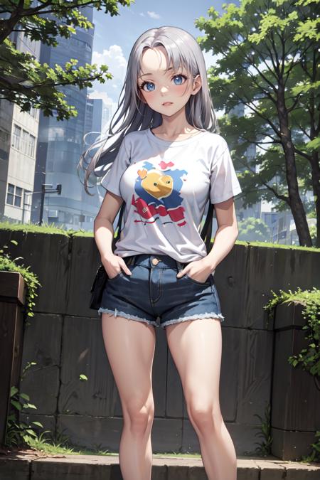 masterpiece, best quality, absurdres, KateTakayama, long hair, silver hair, forehead, t-shirt, denim shorts, standing, outdoors, city, hands in pockets, <lora:CHAR-KateTakayama:0.8>