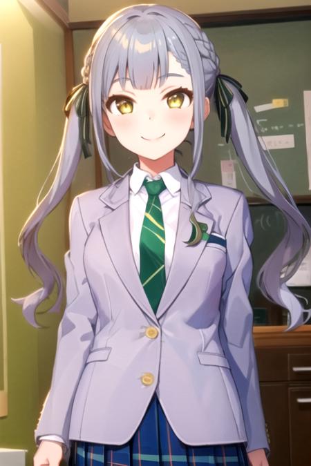 smile, closed mouth, <lora:togawasakiko2:0.85>, togawa sakiko, haneoka school uniform,  (grey hair), green striped necktie, white collared shirt, (grey blazer), green pleated skirt,, 1girl, solo, masterpiece, best quality