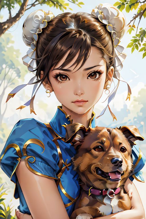 A woman in a blue dress holds a brown dog in her arms.