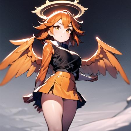 1girl, solo, <lora:lxnadia:1>, short orange hair, angel wings, full height, skirt, winter, jacket, snow, halo, white background, png