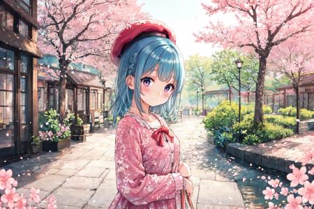 kat,<lora:kataragi-styleV1.0_e15:0.7>,(masterpiece),(illustration),(best quality:1.3),outdoor,(cherry blossom),accurate anatomy,outdoor,(very cute girl,face focus:1.4),pink beret,gothic pink dress,ruby eyes BREAK long (blue) hair,