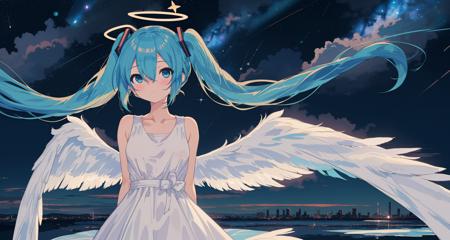 1girl, hatsune miku, solo, dress, wings, long hair, twintails, halo, white dress, angel wings, looking at viewer, feathered wings, arms behind back, very long hair, blue eyes, angel, bare shoulders, blush, blue hair, sleeveless, closed mouth, sleeveless dress, aqua hair, bangs, hair between eyes, star (sky), white wings, collarbone, aqua eyes, starry sky, small breasts, sky