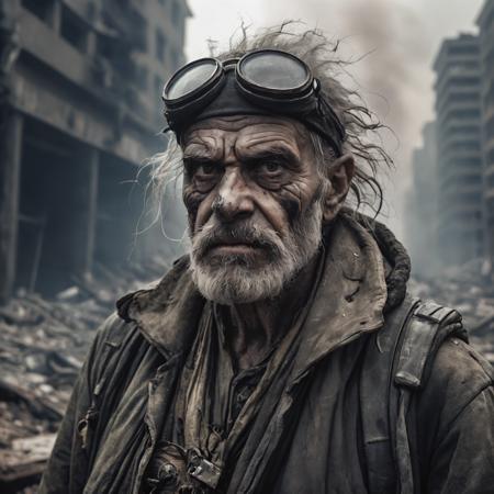 Epic  artwork insane detailed closeup of an old sad man wearing post apocalyptic clothes of a polluted and destroyed city, an atomic blast is in the background, undefined