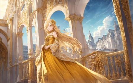 {{masterpiece}}, best quality, Amazing, {beautiful detailed eyes}, {1girl}, extremely detailed CG unity 8k wallpaper, highly detailed, official_art, highres, original, blonde hair, yellow eyes, white skin, slim legs, mature female, sunrise, golden sky, magnificent architecture, beautiful detailed sky, overexposure, detailed background, delicate gold metal decorations