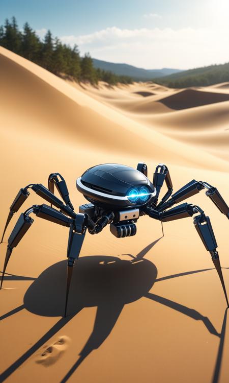 Photo of a futuristic hyper-mobile cybernetic spider, its robotic legs billowing through the sand dunes and rain forest below. Drawing inspiration from augmented reality technology like virtual limbs to enhance movement or locomotion capabilities that are both realistic with attention rendered by vector models captured in Unreal Engine 4 on an ultra detailed 8K monitor for maximum realism). Capturing dynamic pose effects as it <lora:Details:0.85>, 2000s vintage RAW photo, photorealistic, film grain, candid camera, color graded cinematic, eye catchlights, atmospheric lighting, imperfections, natural, shallow dof, High level of detail to create a photographic-like image, focusing on lighting, realistic textures, hyperdetailed.