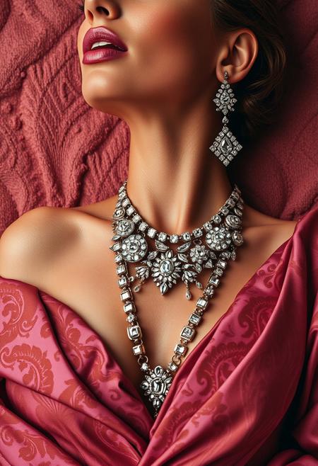 A person-less collage in textured browns, pinks, mauves of lavish opulent jewelry, designer heels, opulent fabrics belonging to a wealthy celebrity in modern contemporary Hollywood, diamond necklaces and diamond earrings