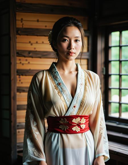 RAW full body analogue photo of a beautiful 25 years old Asian woman, clear focus, high resolution image, <lora:Ai_Lotus:0.75>, Wearing traditional chinese clothes,low light, soft natural light, Rembrandt style light, Hasselblad DLSR camera, 200mm Zeiss lens, f/2.8 ,Sexy pose, erotic pose, exhibitionism, ,((quaint cottage))