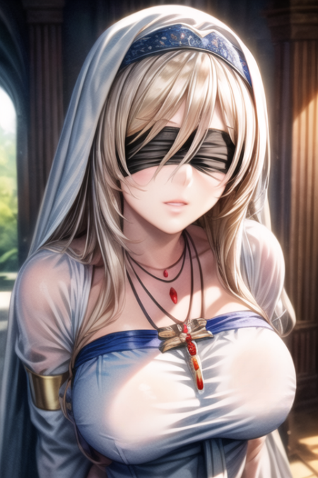 maiden_a_v2, blonde hair, long hair, large breasts,  Sword Maiden's White Dress, detached sleeves, habit, jewelry, black blindfold, necklace, 