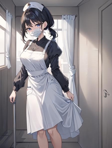 ((masterpiece, best quality, high quality)),1girl, (lower body, hospital), <lora:Long Nurse Apron 2:0.7> (nurse_long_apron, apron, mask, nurse cap, surgical mask, nurse, long sleeves, latex gloves,long dress), <lora:Kaede Sakata:0.7> (1girl, 3dcg 07, black hair, blue eyes, curtained hair, kaede sakata, low twintails, medium breasts, parted bangs, ponytail, short hair, solo, twintails),