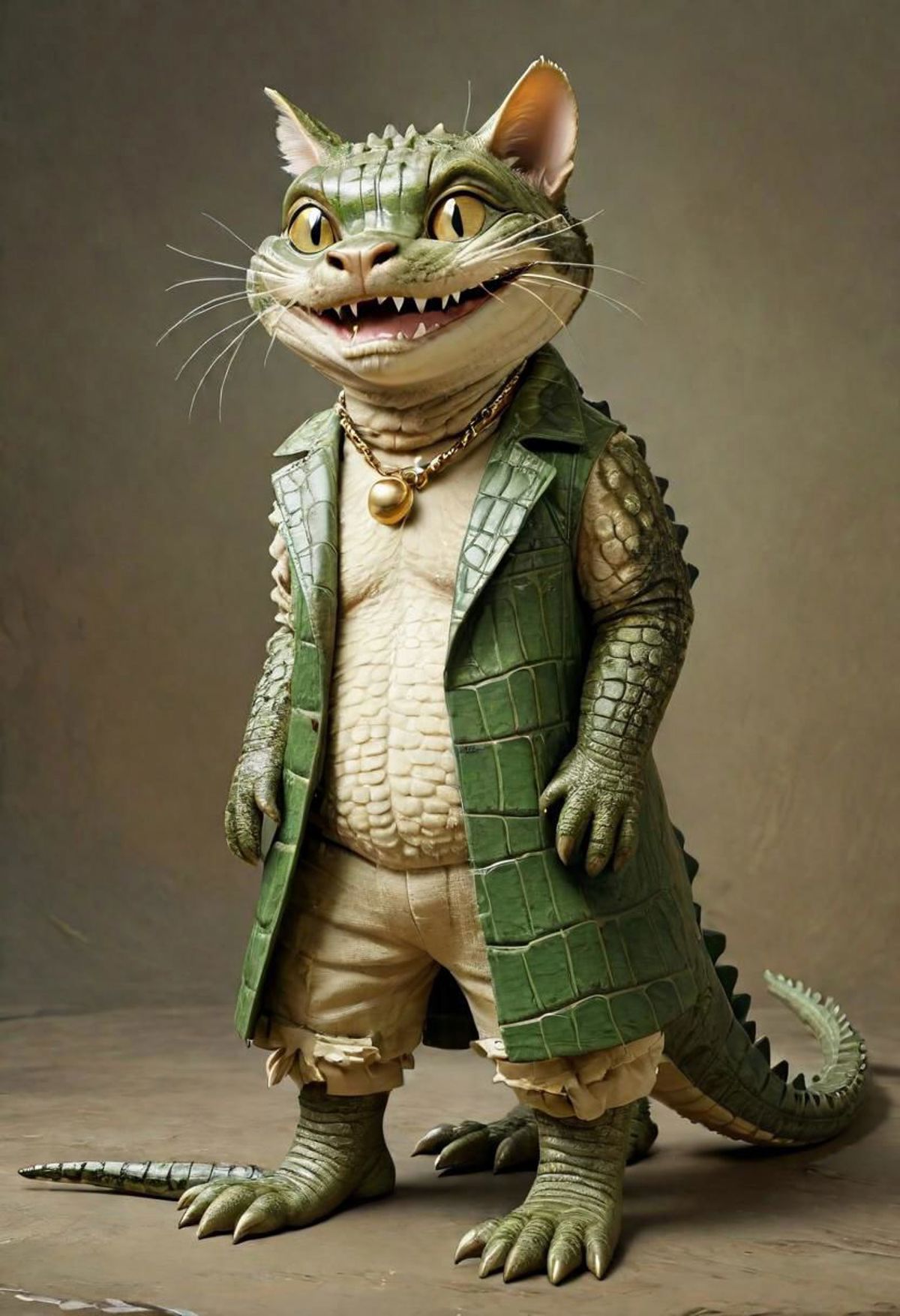 A stuffed lizard or reptile with a green shirt and shorts on.
