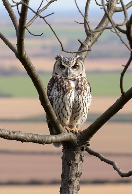 owl, looking bored, on a branch, daylight, high in a tree, plain fields in the background, rural ireland,