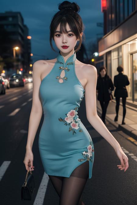 ltra-detailed,highly detailed,best quality,masterpiece,illustration,realistic,
ydwhqp,qipao, 1girl, solo,
paint dress,pantyhose, clothing cutout, 
hair bun, parted bangs,
looking at viewer, walking,cowboy shot, 
outdoors,night,cityscape, street, 
 <lora:ydwhqp qipao_v1_01:0.7>