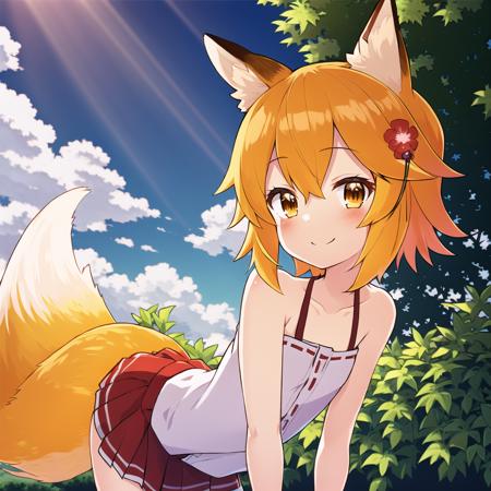 <lora:senkoLora_v1:2.4>, masterpiece, best quality, detailed background, cinematic lighting, sen, animal ears, fox ears, fox girl, fox tail, hair flower, hair ornament, orange eyes, orange hair, short hair, tail, flat chest, 1girl, solo, garden, outdoors, sunrays, cloud, sky, outdoors, cloudy sky, leaf, sunbeam, side view, looking at viewer, smile, full body,