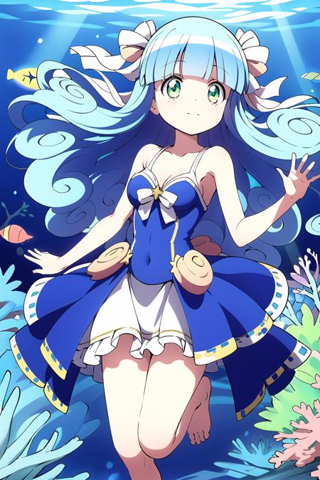 masterpiece, highly detailed, 1girl, best quality, poporon \(jashin-chan dropkick\), aqua blue hair, medium breasts, green eyes, oceanic gown, fins, ribbons, star pattern dress, underwater, swimming, floating, coral reef, seashells, light rays, glowing