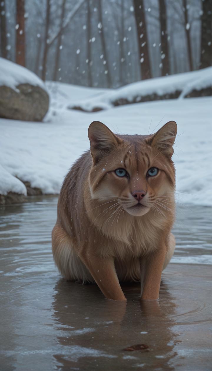 Stable_Yogis_PDXL_Positives 
 score_9, score_8_up, score_7_up, score_6_up, solo, blue eyes, sitting, outdoors, water, no humans, animal, snow, snowing, realistic, animal focus, snowflakes, whiskers