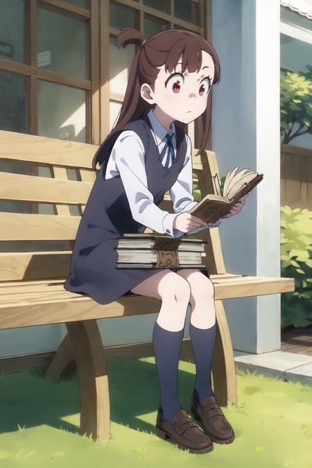 akko, 1girl, book, luna_nova_school_uniform, reading, solo, sitting, school_uniform, book_stack, holding, window, socks, grass, shoes, open_book, bench, long_sleeves, full_body, holding_book, shirt, looking_down, brown_footwear, loafers, blue_socks, dress, white_shirt, outdoors, indoors, closed_mouth, day, collared_shirt, table, skirt, knees_together_feet_apart, kneehighs, chair, ribbon, neck_ribbon, pinafore_dress, building, vest, expressionless, wing_collar, artist_name, flat_color