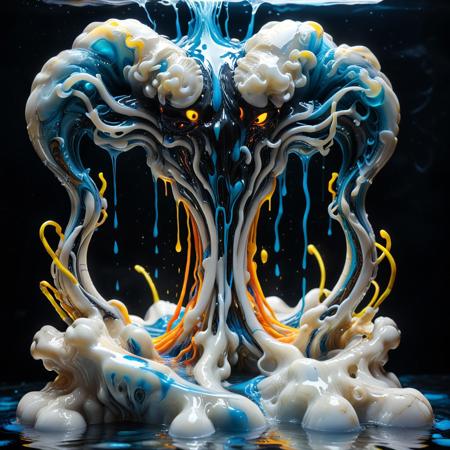 a molten desktop PC sculpted from swirling liquid marble, transparent panels revealing tangled neon wires, RAM modules dripping slowly into viscous RGB pools, glowing debug text flowing across the surface like incantations, fan vents shaped like pixelated spirals, geeky liquid marble