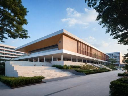 Architectural style <lora:JJsCampus_XL:1>, ((Campus)), ((Building)), masterpiece , best quality,  soft lighting, high quality, film grain, Fujifilm XT3, outdoors, sky, day, cloud, tree, blue sky, ground vehicle, building, scenery, road, lamppost, real world location,, door,entrance, beam,column, window, traffic light, sunlight, public , enough detail, high resolution, 8k, HD, super realistic, Photorealistic, highly detailed, river, water, stair,  handrail, overpass, golden hour, bush, flower,  . Clean lines, geometric shapes, minimalist, modern, architectural drawing, highly detailed