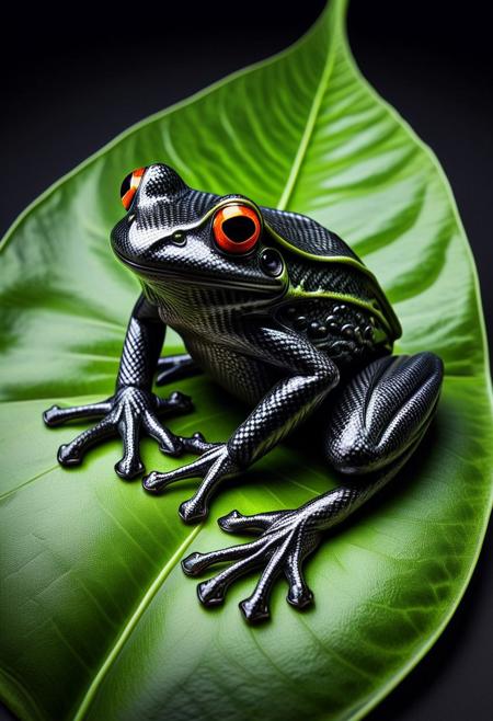 dark fantasy, slimy, unusual color, a frog ( made out of carbone fiber) on a leaf, halo, glow, limited dark color palette, vividly detailed, microscopically detailed, (professional photo but beautiful:1.3), hyper realistic and highly, (best quality:1.5), highres, dramatic light, by Steve McCurry, by Rembrandt, (by Kerby Rosanes:1.4),, cf_style