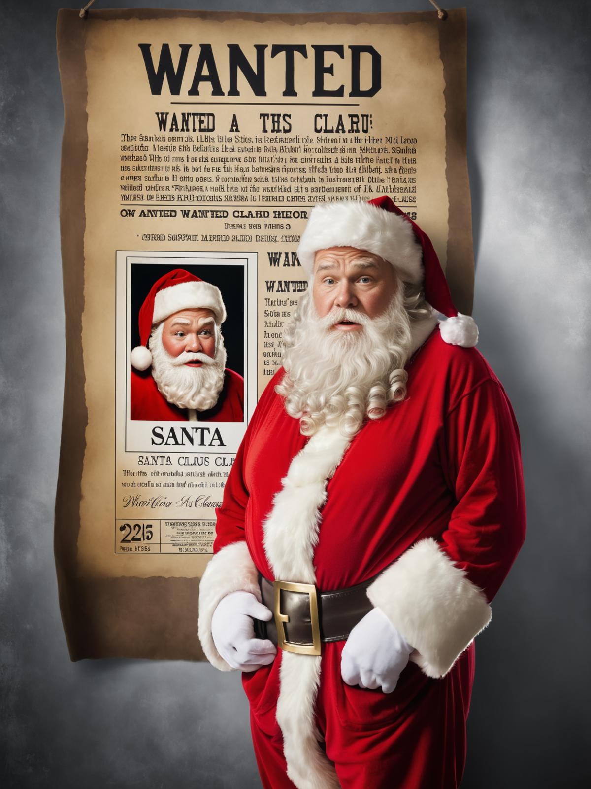 A wanted poster of Santa Claus next to a Santa Claus image.