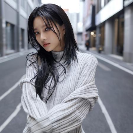 (soyeon:1.3), masterpiece, best quality, 1girl, shiny skin, cinematic lighting, medium breasts, looking at viewer,((black eyeliner)), ((do a face)), messy hair, long black hair, solo, autumn, outdoors, windy, black sweater dress, ribbed, knit, turtleneck sweater dress, black pantyhose, walking, city, shopping, dynamic angle, close-up, ultra-detailed, 8k, rtx, ambient occlusion, rim lighting, bustling,<lora:soyeon_v10:0.9>, <lora:add-detail-xl:4>