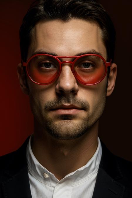 red-glasses,1 white man,solo,black hair,close-up,facing aside,simple background,red background,red theme,<lora:CSG:0.6>,
masterpiece,best quality,Ultra HD,high quality,HDR,UHD,8K,