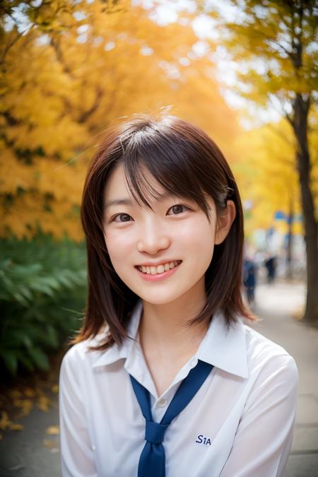 realistic photo of shiho, portrait, 
<lora:shihoMegaMixv1:1>, __cloth/schooluniforms__, "Effervescent smile subtly tinged with innocence", (SIGMA 50 mm F/1.4), "Golden autumn leaves falling gracefully in front of Saint Basil's Cathedral.", "The refreshing shade of a leafy grove in the midday sun."