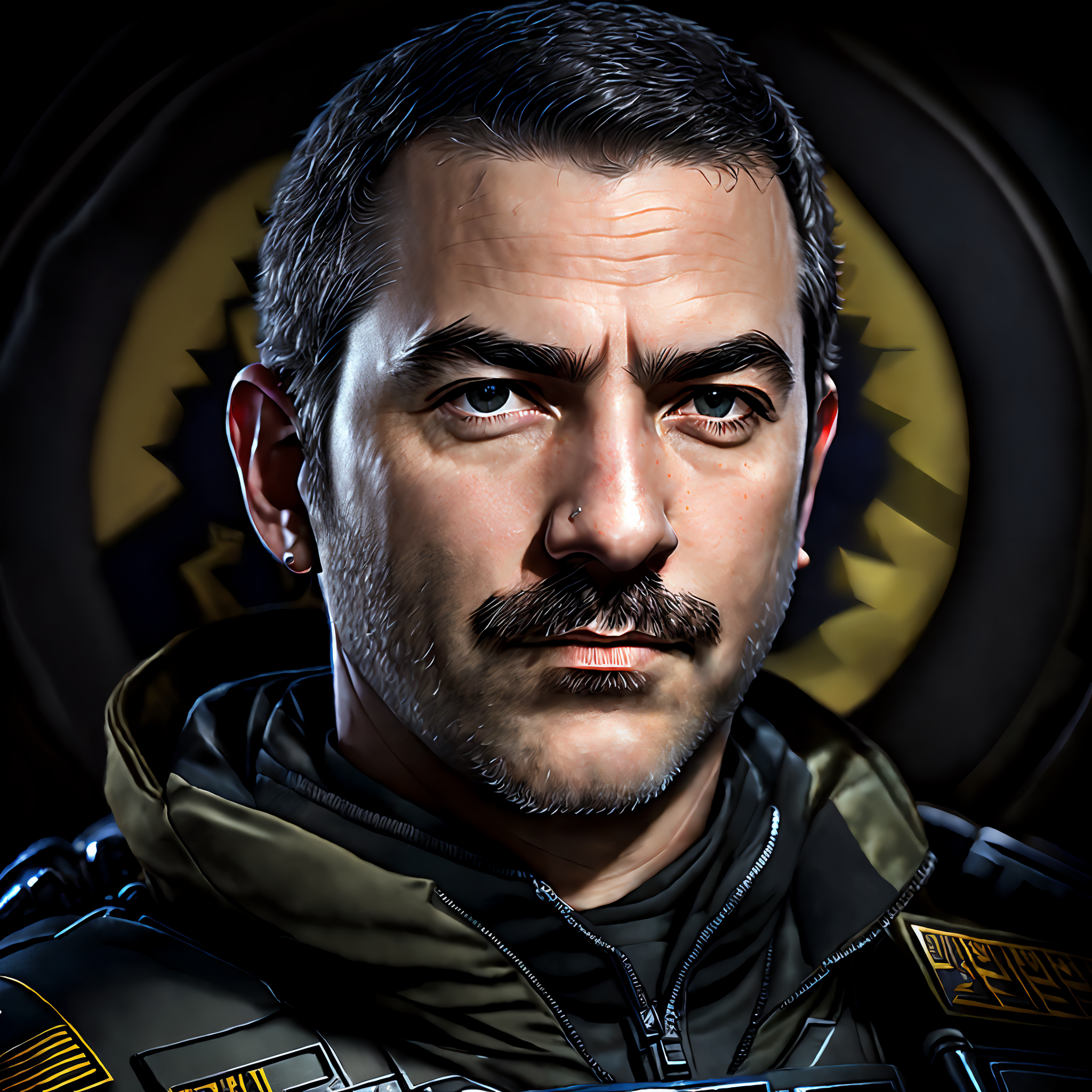 photo of spybgface-2700 with very short hair, shaved beard, wearing a swat uniform, award winning image, highly detailed, ...