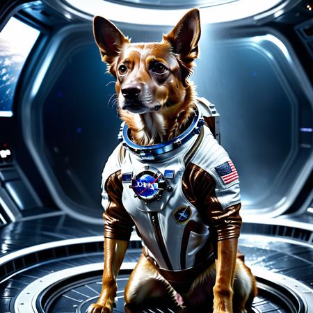 ultra-thin, very wet dog is a future space astronaut, wearing an advanced space suit with helmet, brown fur, extremely sweaty body, raw perspire:.75, zoomed out:-.05, wet and sweaty masterpiece, spaceship background, standing pose, realistic photo