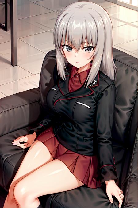 masterpiece, best quality, 1girl,solo,girls und panzer, itsumi erika, kuromorimine military uniform, black jacket, red shirt,red skirt,black panties, sitting,looking up, looking at viewer, couch, indoors, office, cowboy shot  <lora:Itsumi Erika:0.6>