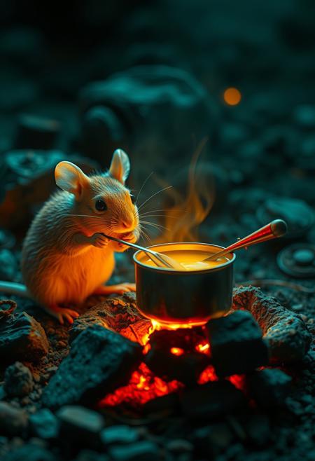surreal VFX, nano-rat cooking  chicken soup on a campfire seen under an electron scanning microscope, with details, vivid colors
