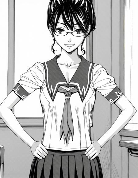 <lora:mika-hayashi-manga-ponyxl-lora-nochekaiser:1>, mika hayashi, glasses, black hair, short hair, ponytail, monochrome, greyscale, <lora:mika-hayashi-manga-ponyxl-lora-nochekaiser:1>, mika hayashi, glasses, black hair, long hair, hair over shoulder, scrunchie, monochrome, greyscale, skirt, school uniform, pleated skirt, serafuku, neckerchief,