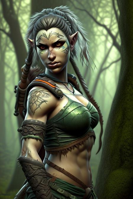 RAW photo, (masterpiece:1.3), subsurface scattering, heavy shadow, (high quality:1.4), (intricate, high detail:1.2), professional photography, HDR, High Dynamic Range, realistic, ultra realistic, photorealistic, high resolution, film photography, ambient lighting, atmospheric effects, <lora:detail_slider_v4:2>, OverallDetail, a female wildelf ranger, wild hair, in the forest, dynamic pose, <lora:Wildelf:0.8>, epiCPhoto