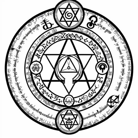 nvjobmagiccircle magic summoning circle, various symbols, pentagramus, white background, intricate