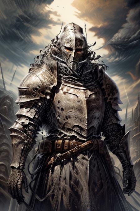 score_9, score_8_up, 8, score_7_up, solo,  
fantasy style, masterpiece, 8k, dynamic pose, 20 y.o, <lora:Fantasy_Classes_SD:1>,
(Dungeons and Dragons) Thorough, analog style, eye focus, highest quality, (highly detailed skin), full body, photo of a exquisitely beautiful,
BREAK
This is a highly detailed digital illustration depicting a medieval knight in full armor. The knight stands in a commanding pose, facing forward with a serious expression. He wears a gleaming silver helmet adorned with intricate designs and metal glowing halo attached to it top, suggesting supernatural or magical powers. The helmet covers his face, with only a hint of his determined gaze visible. The knight's armor is a mix of silver and blue, with ornate gold accents and intricate patterns. The chest plate is embossed with a stylized emblem, and the shoulder pauldrons feature similar designs. The armor is reinforced with metal rivets and has a smooth, polished finish. The knight's attire includes a dark blue tunic with a brown belt cinched around his waist, adding a touch of contrast to the metallic armor. The background is a gradient of gray clouds, suggesting a stormy or mystical atmosphere. The lighting is soft yet directional, highlighting the knight's armor and giving it a three-dimensional appearance
BREAK
oil painting, BadDream, negative_hand, NEG_EMBED_STABLE_YOGI_V3, FastNegativeV2, AissistV2
(detailed:1.3), (sharp focus:1.1), medieval style, (expressive face:1.2),,