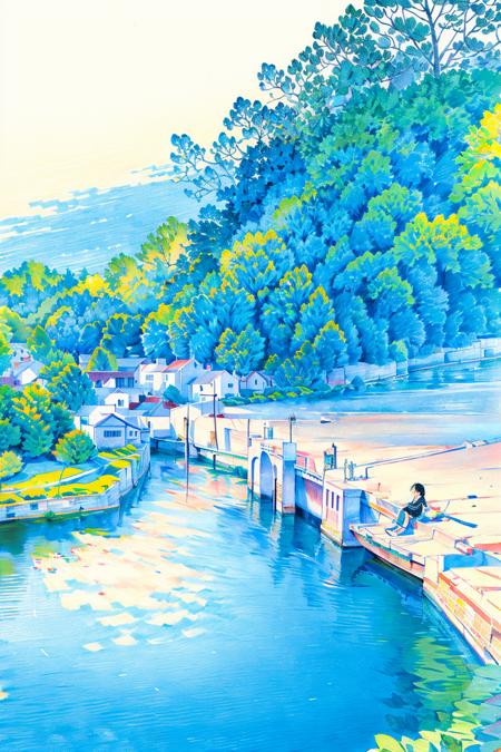 outdoors, 1girl, boat, black hair, solo, water, traditional media, sceneryï¼<lora:Colored lead_20230801210009:0.82>, (illustration:1.0), masterpiece, best quality,