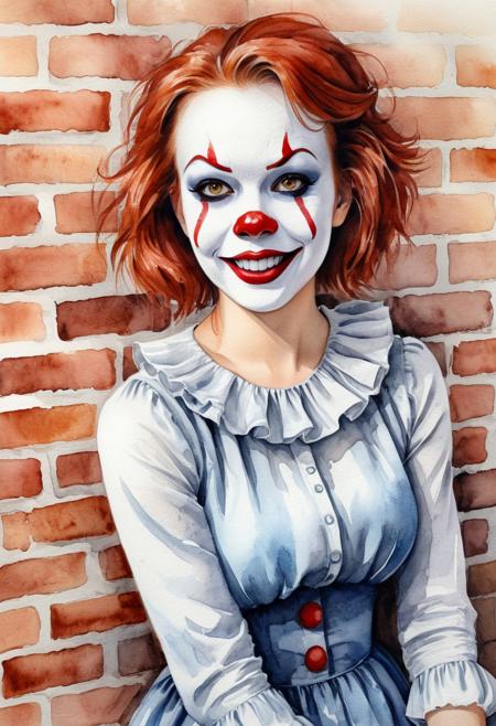 cute glamorous Pennywise girl, brick wall on the background, smiling, stylish, beautiful, daring, intriguing, intimate, sensual, watercolor, grunge, sketch