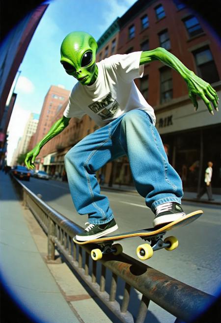 a y2k style photograph of an alien with green skin wearing hiphop style clothing with baggy blue jeans and a white tshirt skateboarding through a city street. The alien is rideing the skateboard along a metal railing as the alien balances on the board with his arms streached out beside him. The shot is taken with a y2k photography style fisheye lense without any black borders or cut off parts of the image. The alien is grinding along the railing, the skateboard is on top of the railing.