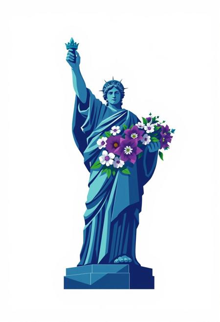 A logo design featuring a giant statue holding floral quarters, rendered in cool blues, greens, and purples, geometric shapes, and clean lines, inspired by strong hard light, using a geometric layout with direct harsh shadows, showcasing balance and symmetry.