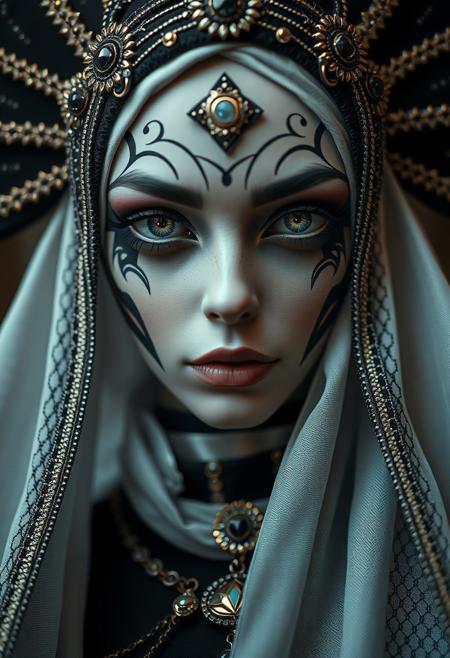 hyper-realistic, photography, highly intricate detailed, female pope, shining facet eyes, gothic style, in galactic form, surreal, masterpiece, low-angle, soft focuss, full body
