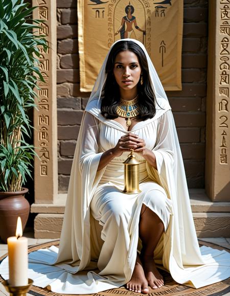 analogue photo of Rebecca Raven beautiful woman with dark hair and (dark skin), <lora:Rebecca_Raven_SDXL_V3:0.6>,, An elder priestess seated on a sycamore-wood throne recites verses from a gold-inked papyrus scroll, her long cloak trailing down temple steps carved with Nile deities, a young acolyte lighting oil lamps behind her., wlae86, <lora:sdxl_Egyptian_WalkLikeOne:1.0> clear focus, high resolution image,  ,Ancient, egypt, mystical and epic feel,,high quality, film grain, Fujifilm XT3, 8k uhd, dslr, film grain, kodak tri-x 400 film, grain photo DOF, faint lighting, dynamic angle, cinematic, Depth of field, bokeh, best quality, cinematic, light particles, highly_detailed, very_aesthetic, golden hour, beautiful_and_aesthetic ,Sexy pose, erotic pose, exhibitionism,